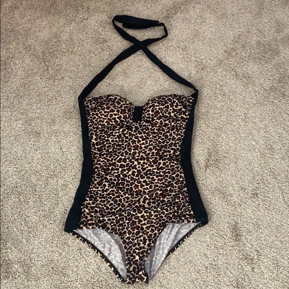 Bettie Page Leopard Print One-Piece Swimsuit with Black Panels
